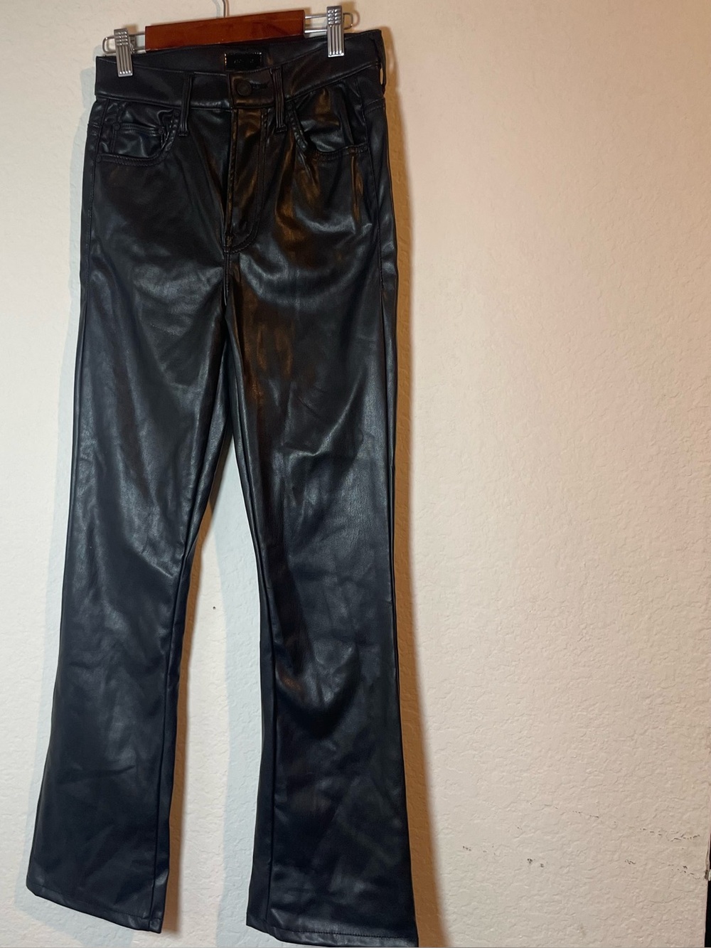 Mother Women's Black Faux Leather Flared Ankle Pants Zip
Button Logo Accent